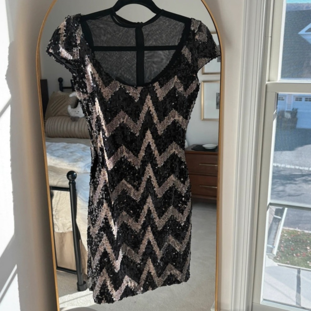 Dress the Population Sequin Chevron Black, Silver and Gold Bodycon Dress